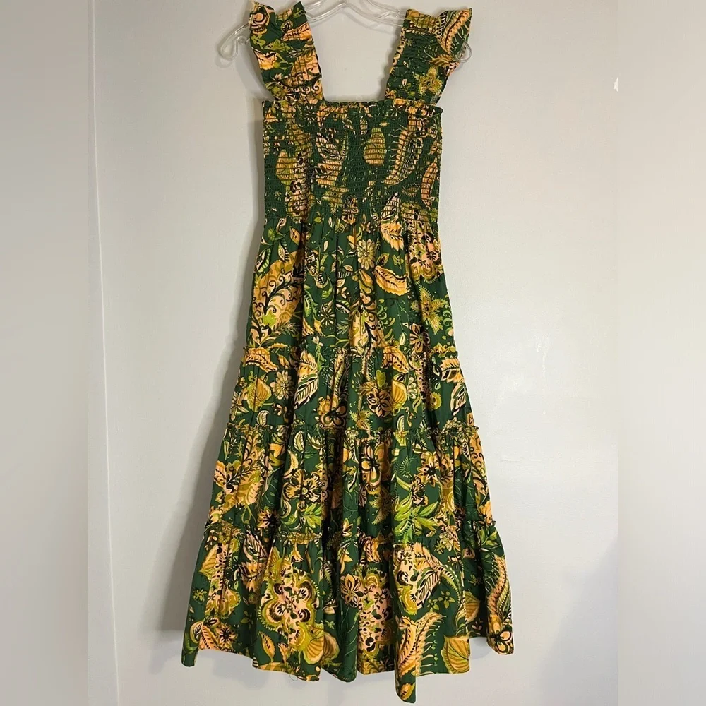 Kourt Calypso Paisley Green and Yellow Flutter Sleeve Smocked Midi Dress